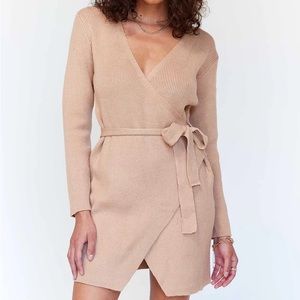 Princess Polly sophia mini knit wrap dress beige